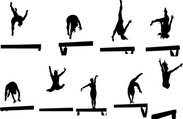 gimnasta, vector, silueta, deporte, atleta, salto, acrobacia