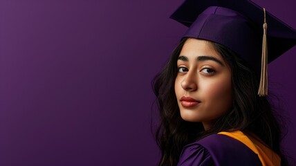 A proud graduate in a purple gown and cap with a thoughtful expression