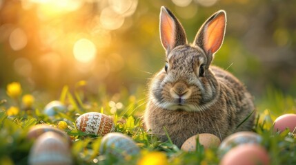 A rabbit sitting in the grass next to eggs.