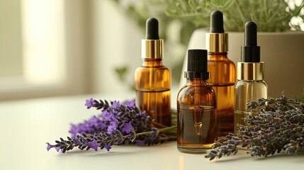 Beauty product display, slender flacons and oils, arranged with fresh lavender