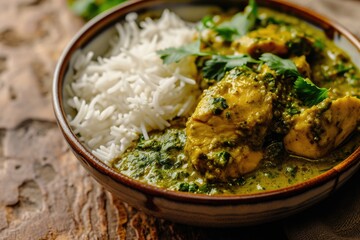 Asian style Afghani chicken or Hariyali tikka chicken with rice in green curry or hara masala
