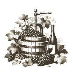 Vector illustration in vintage style of an old grape press, grape branches and a bottle of wine - 707382632