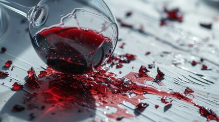 a glass of red wine sitting on top of a table next to a bottle of wine and spilled petals of red wine on top of a white wooden table top.