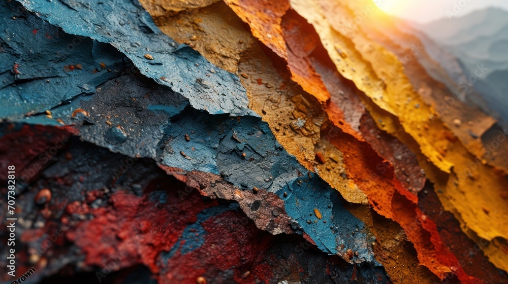 Poster a close up of a multicolored piece of wood with mountains in the background and a bright light comin