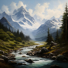 river and mountain views. Mountain river flows along the beautiful landscape