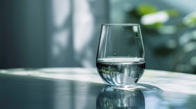  a close up of a glass of water on a table with a plant in the middle of the glass and water in the middle of the glass on the table.
