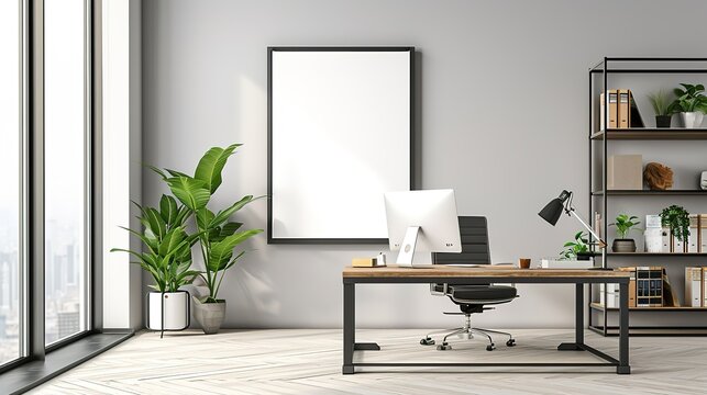 Frame mockup, ISO A paper size. Home Office wall poster mockup. Interior mockup with office background. Modern interior design  