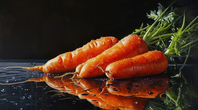  a painting of a bunch of carrots on a reflective surface with water droplets on the surface and the tops of the carrots still attached to the tops of the stems.