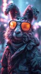 A close up of a furry animal wearing sunglasses.