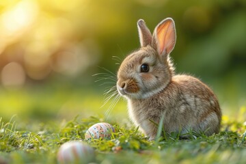 Fototapeta na wymiar A fluffy bunny blends into the lush green field, showcasing the diversity and beauty of wild rabbits such as the mountain cottontail and the snowshoe hare
