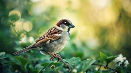  a bird sitting on top of a green leaf covered tree branch next to a lush green forest filled with lots of white and brown flowers and green leaves on a sunny day.