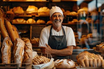 A hardworking baker dressed in traditional clothing carefully prepares freshly baked bread behind the counter, ready to serve the hungry customers at the bustling market with his delicious and comfor
