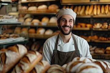 A man with a friendly human face stands in the bustling bakery, surrounded by the aroma of freshly baked goods and dressed in a crisp apron as he prepares a delectable snack for the busy shop patrons - obrazy, fototapety, plakaty