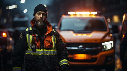 Side view of professional male paramedic at night