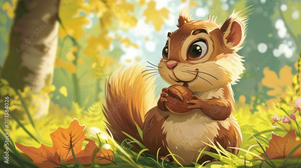 Poster a squirrel with a nut in his hand in the middle of a forest with leaves and flowers on the ground an