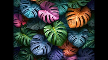 A close up of a bunch of different colored leaves. Colorful digital wallpaper, floral background.