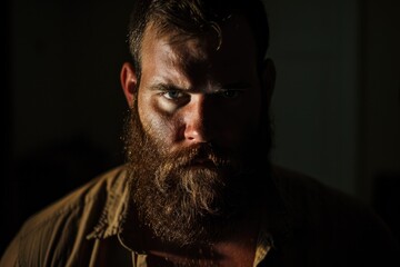Fototapeta premium A rugged man with a well-groomed beard stares confidently into the camera, his strong jawline and piercing eyes capturing the essence of masculinity and charm