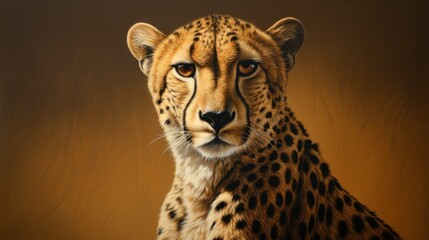  a close up of a cheetah's face on a yellow and brown background with a black spot on the left side of the cheetah's face.