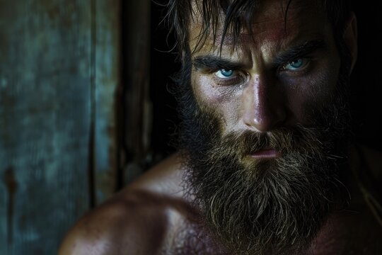 A rugged man with piercing blue eyes gazes confidently into the camera, his full beard and moustache adding a touch of masculinity to his otherwise soft features