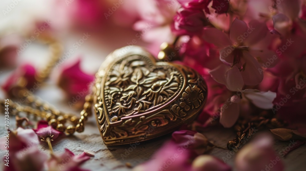 Poster a heart shaped locke sitting on top of a table next to a bunch of pink flowers and a chain with a ch