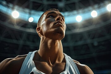 A determined athlete gazes at the vast expanse above, his face displaying unwavering determination as he prepares to push his human limits in a sport of strength and endurance