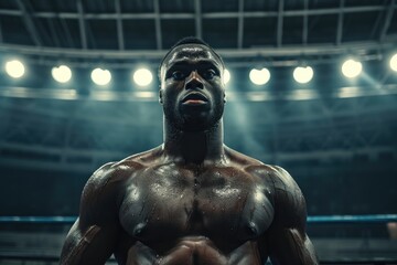 Fototapeta na wymiar A barechested man stands tall in the boxing ring, his chiseled chest and muscular body a living statue of strength and determination