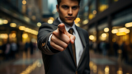 Man in suit pointing his finger at you and the camera - obrazy, fototapety, plakaty