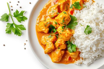Chicken curry and rice on white background - obrazy, fototapety, plakaty