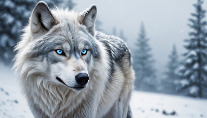 A majestic wolf with piercing blue eyes stands amidst a pristine winter landscape.