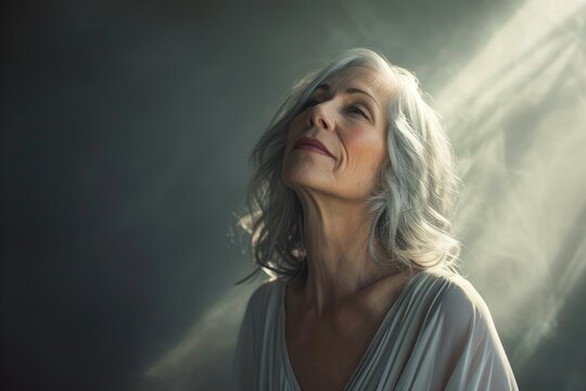 Captivating portrait of a wise woman, her silver locks shining with inner light as she gazes through the fog with piercing eyes