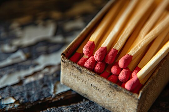 Close up macro photography of matches in an open match box on a dark background with a carton underlay