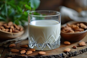 Close up of non dairy almond milk a vegan alternative in a glass