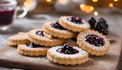 Traditional Linzer cookies with currant jam fresh from the oven. Homemade austrian biscuits on wooden board with moodful bokeh.