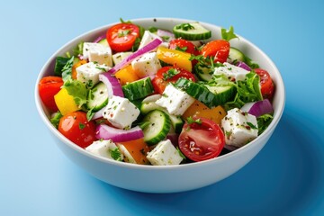 Close up of vegetable salad with feta cheese cubes in a white bowl set against a blue background
