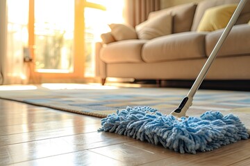 Closeup of microfiber mop pad cleaning light laminate floor under beige sofa in living room