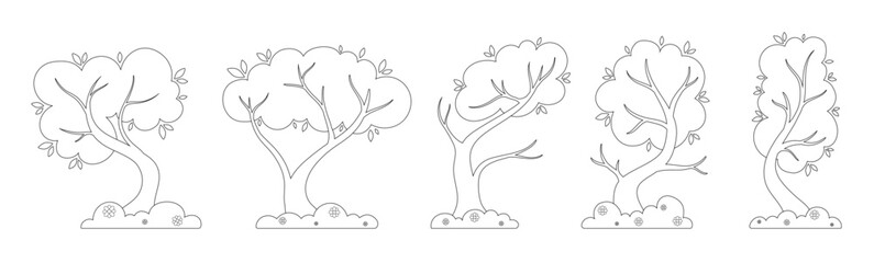Set of coloring pages of decorative spring trees with flowering bushes.Vector graphics.