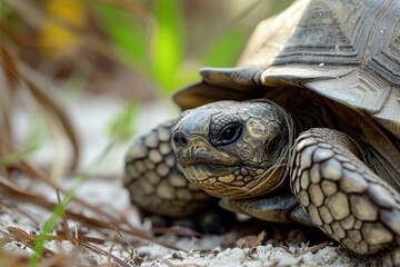 Closeup image of Gopherus polyphemus a mid sized gopher tortoise in sandy scrub habitat showcasing facial features jaws feet shell and skin texture Native to s