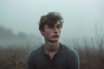 Amidst the foggy fields and tall grass, a solitary man gazes into the sky, his human face obscured by the mist, a portrait of contemplation in nature's embrace