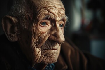 An elderly man's weathered portrait captures the intricacies of time etched upon his skin, a human face telling a story through each wrinkle on his forehead
