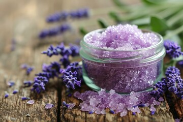 Cosmetic product sugar scrub in glass jar with lavender flowers closeup on table with text space
