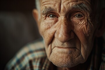 A closeup portrait of a senior citizen with deep wrinkles on his forehead and cheeks, revealing the beauty and wisdom of a lifetime etched onto his weathered face