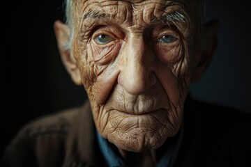 An elderly man's weathered face, adorned with wrinkles and piercing blue eyes, is captured in a portrait, showcasing the years of wisdom and experience etched into his skin and eternally etched onto 