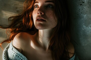 A captivating portrait of a woman lost in the moment, her eyes closed in peaceful contemplation as her long hair frames her delicate face, a striking contrast of skin tones and soft lips, captured in