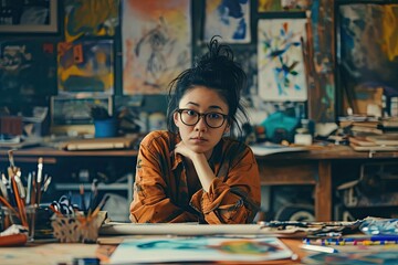 A contemplative woman adorned in glasses sits at a table, lost in thought as she studies the human face in an artful display of introspection and self-discovery - obrazy, fototapety, plakaty