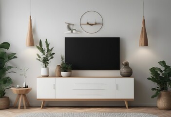 Mock-up poster design Scandinavian interior of living room with wooden console rings on the wall