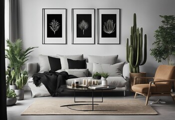 Interior design of living room with three vertical poster mock up frame shelf cacti plants sofa chair and table