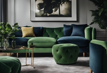 Luxury and modern home interior with design green and blue sofa navy commode tables pouf