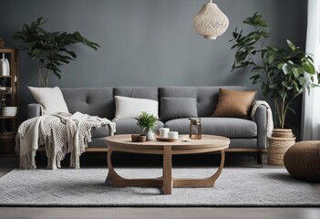 Minimalistic design home interior of living room with gray sofa wooden coffee table and plants in corners
