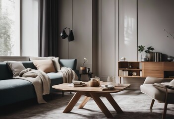 Modern scandianvian living room with design sofa with elegant coffee table sofa and bookstand