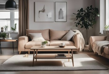 Modern scandianvian living room with design sofa with elegant coffee table and sofa in pastel beige...
